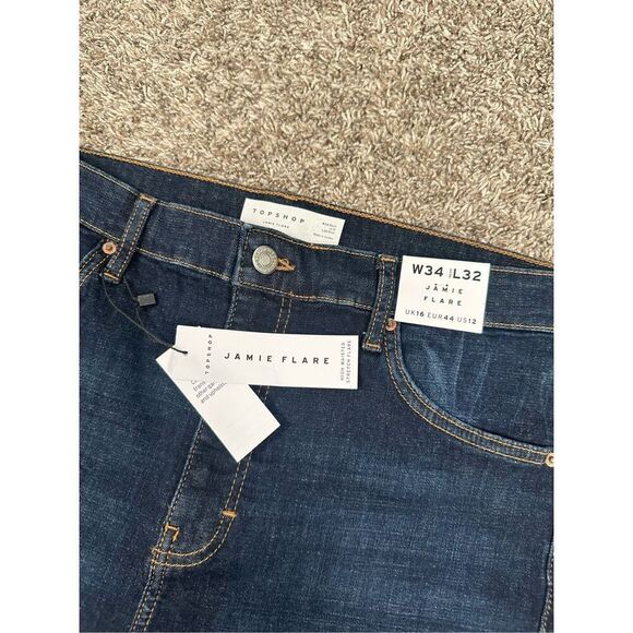 NWT TopShop Jamie Flare Jeans High Rise Dark Wash Indigo Women’s W34 L32 Stretch - Picture 4 of 11